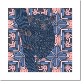 Cute Tarsier on a Modern Pink and Blue Pattern Background Posters and Art